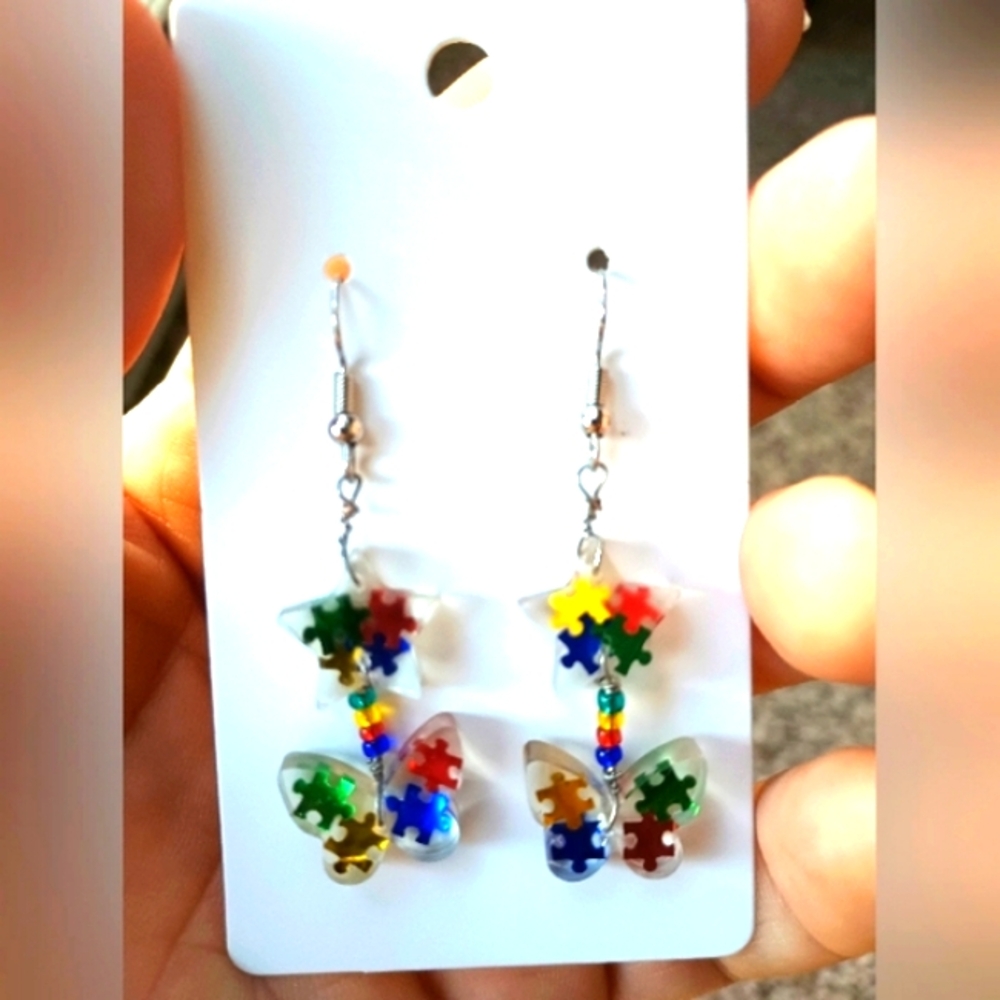 Beautiful Autism Awareness handmade resin earrings w glass beads